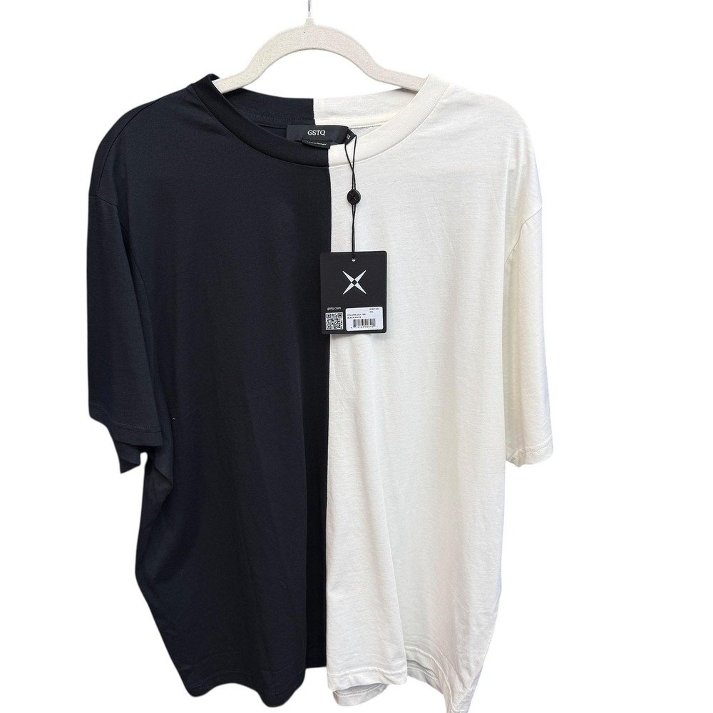 GSTQ Colorblock Shirt Mens 2XL Black White Oversized Short Sleeve Crewneck Tee